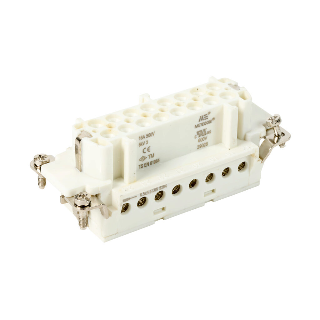29026 - METE female insert, connector housing size 32B, 16-pole, screw terminal, accepts wire size 18-14 AWG, 16 amp, 600 VAC/VDC, poles numbered 17 to 32. For use with METE multi-wire housings.