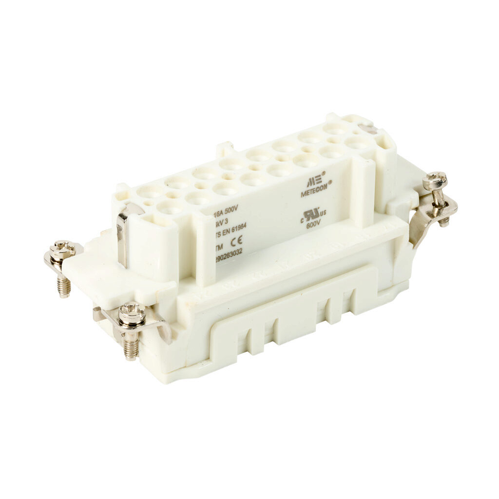 290263032 - METE female insert, connector housing size 32B, 16-pole, crimped contact, 16 amp, 600 VAC/VDC, poles numbered 17 to 32. For use with METE multi-wire housings. Requires 16 amp female contacts METE 14105xxx.