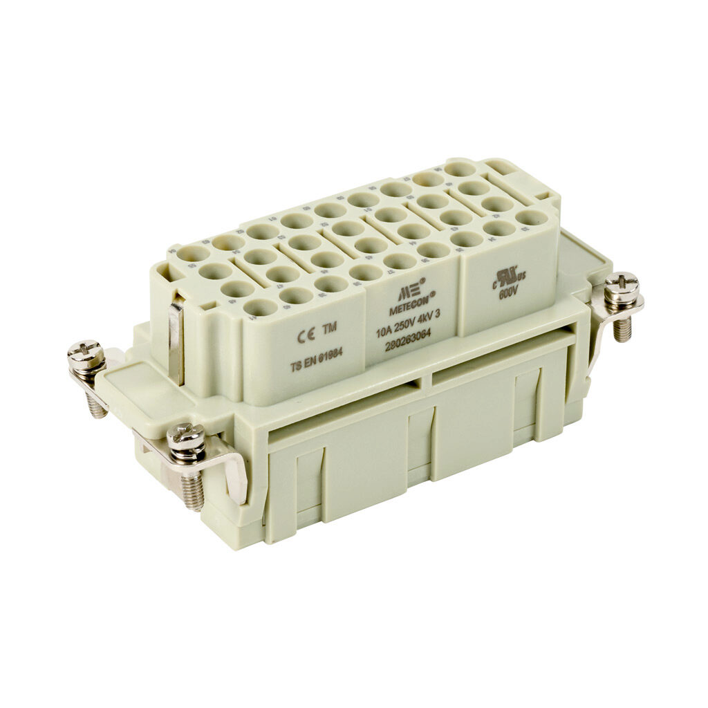 290263064 - METE female insert, connector housing size 32B, 32-pole, crimped contact, 16 amp, 600 VAC/VDC, poles numbered 33 to 64. For use with METE multi-wire housings. Requires 16 amp female contacts METE 14105xxx.