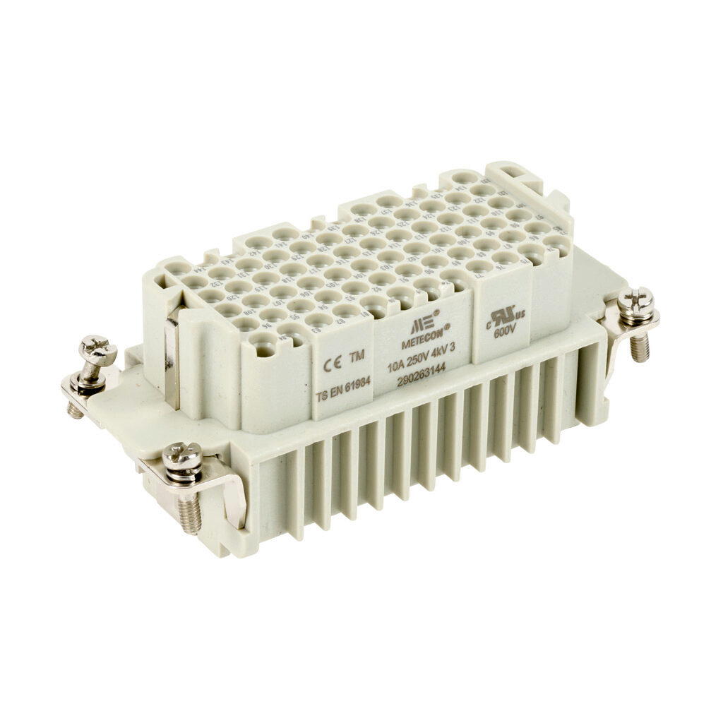 290263144 - METE female insert, connector housing size 32B, 72-pole, crimped contact, 10 amp, 600 VAC/VDC, poles numbered 73 to 144. For use with METE multi-wire housings. Requires 10 amp female contacts METE 14103xxx.