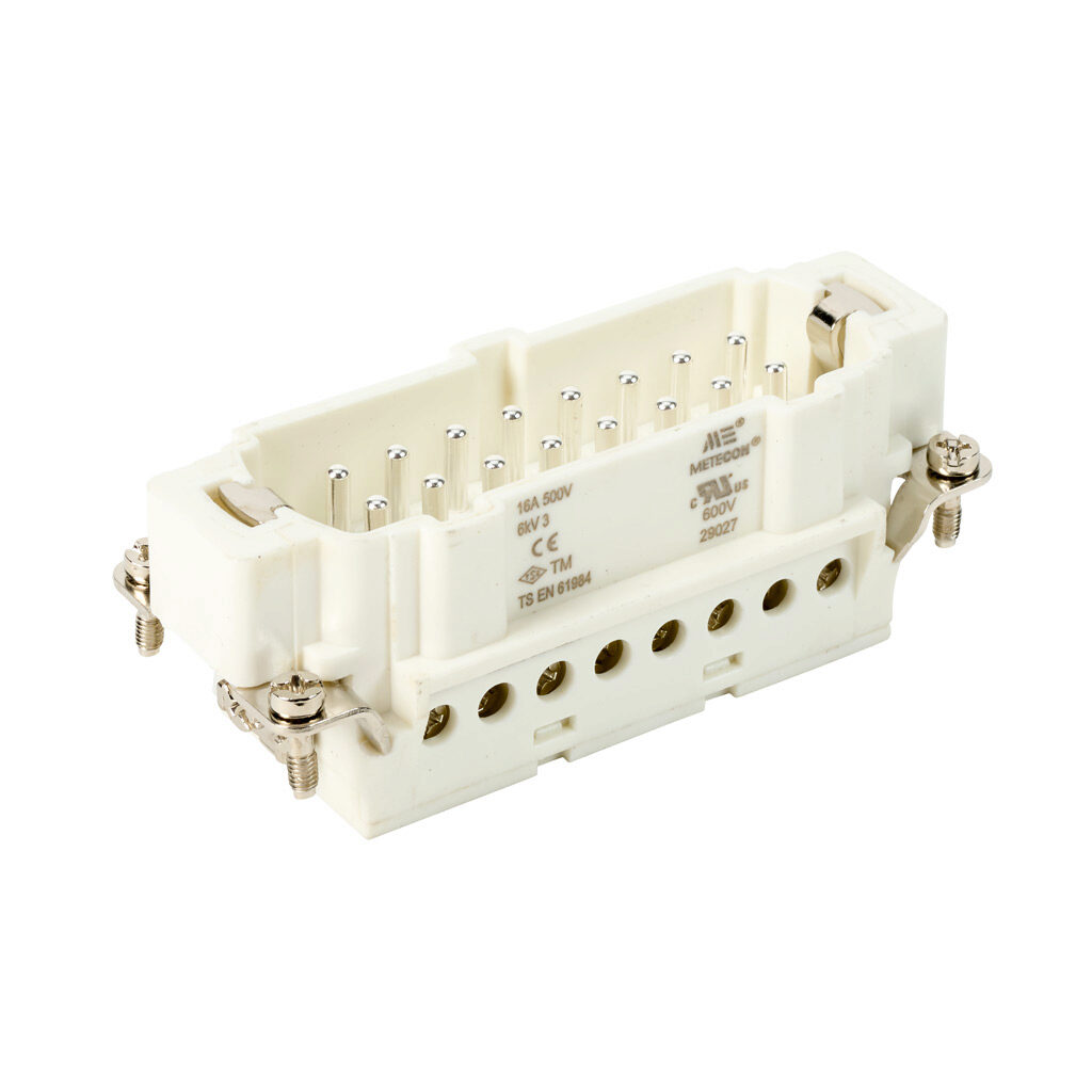 29027 - METE male insert, connector housing size 32B, 16-pole, screw terminal, accepts wire size 18-14 AWG, 16 amp, 600 VAC/VDC, poles numbered 17 to 32. For use with METE multi-wire housings.