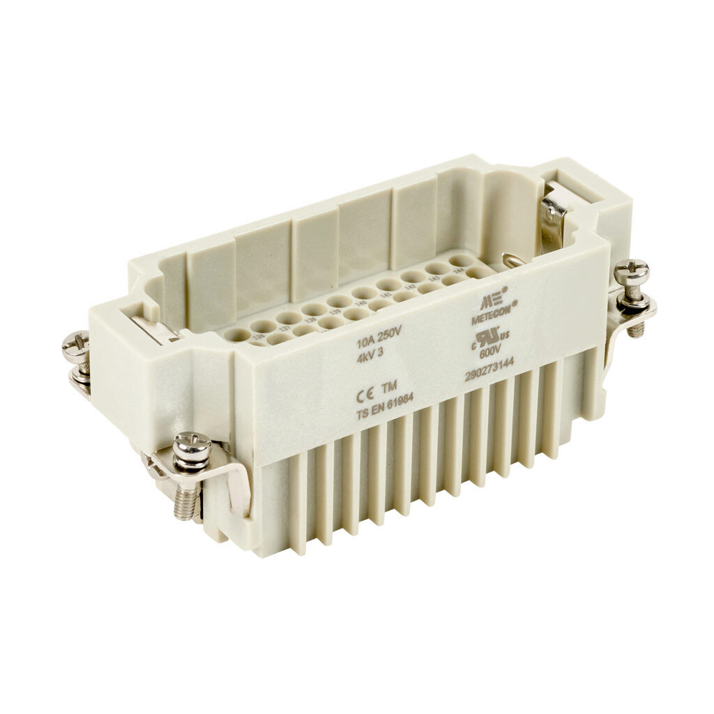 290273144 - METE male insert, connector housing size 32B, 72-pole, crimped contact, 10 amp, 600 VAC/VDC, poles numbered 73 to 144. For use with METE multi-wire housings. Requires 10 amp male contacts METE 14104xxx.