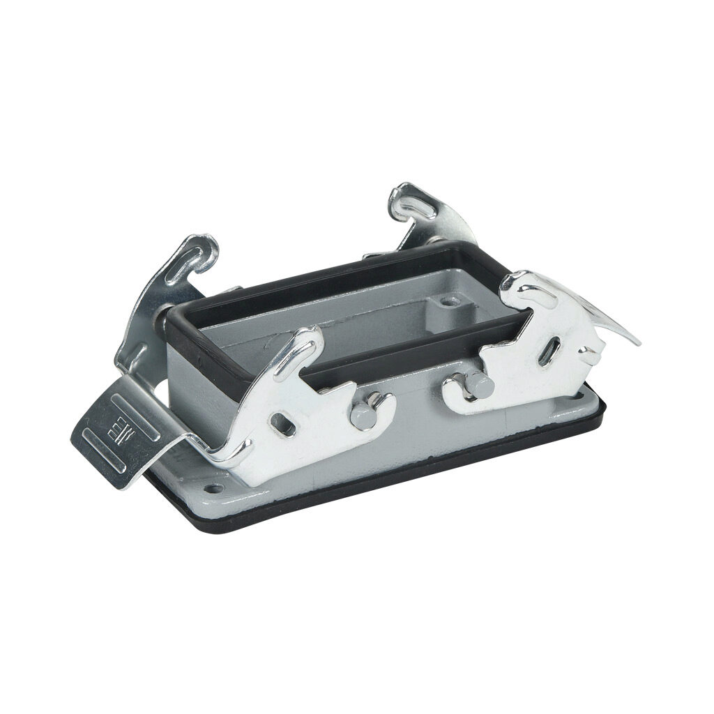 29040S - METE bulkhead housing, double lever, connector housing size 10B, gray, heavy-duty die cast aluminum. For use with METE size 10B 4-peg connector housings.