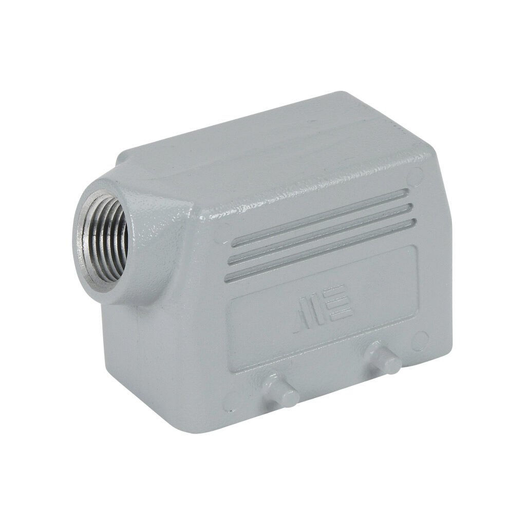 290413005 - METE hood housing, 4-peg, side entry, connector housing size 10B, (1) 1/2 NPT threaded hole, gray, heavy-duty die cast aluminum. For use with METE size 10B double lever connector housings.