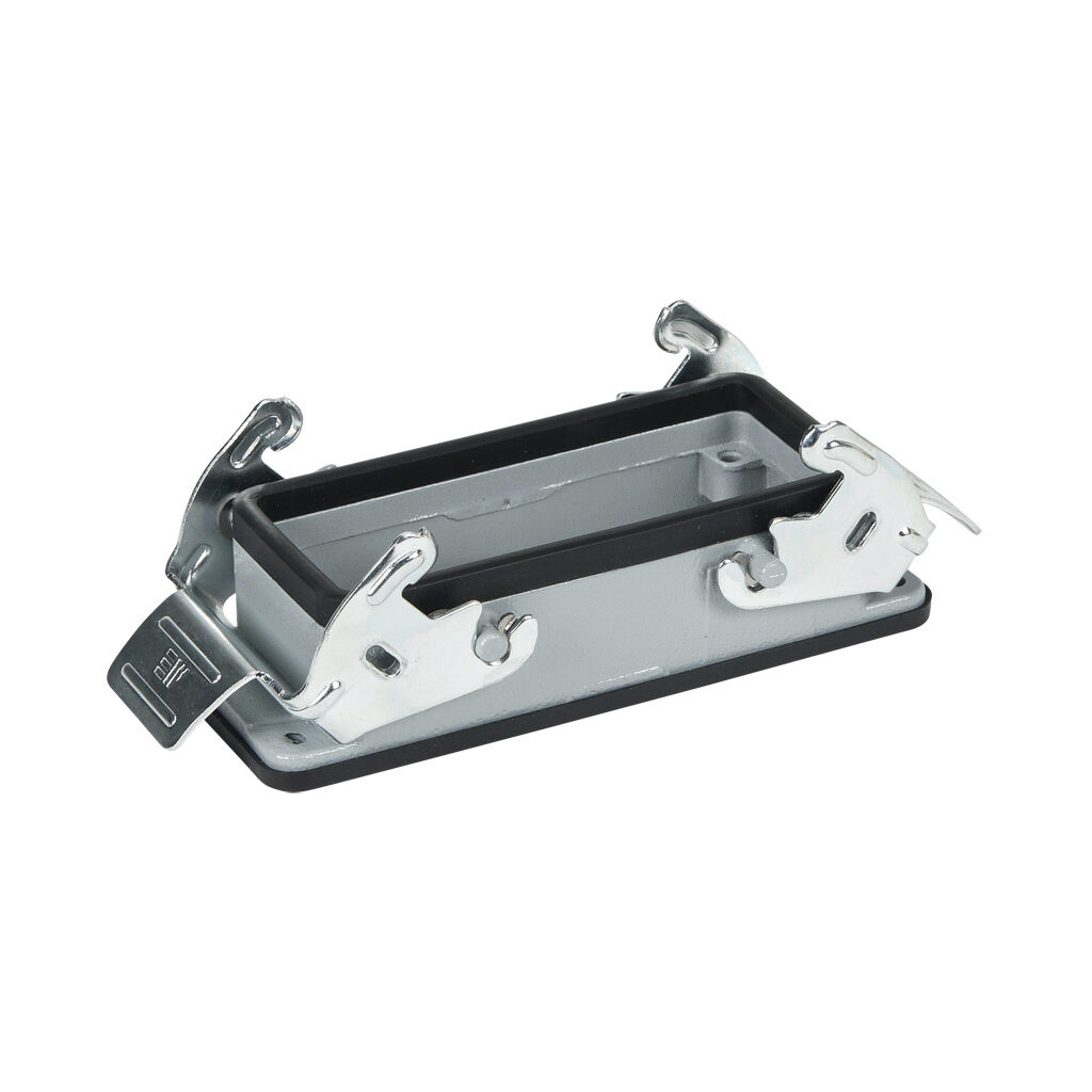 29042S - METE bulkhead housing, double lever, connector housing size 16B, gray, heavy-duty die cast aluminum. For use with METE size 16B 4-peg connector housings.