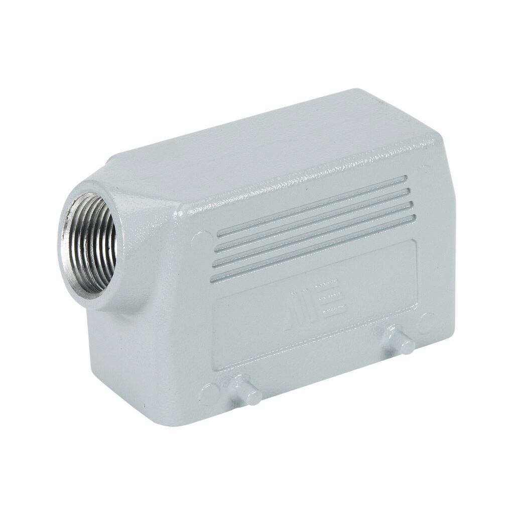 290432905 - METE hood housing, 4-peg, side entry, connector housing size 16B, (1) 3/4 NPT threaded hole, gray, heavy-duty die cast aluminum. For use with METE size 16B double lever connector housings.