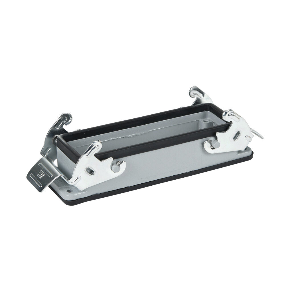 29044S - METE bulkhead housing, double lever, connector housing size 24B, gray, heavy-duty die cast aluminum. For use with METE size 24B 4-peg connector housings.
