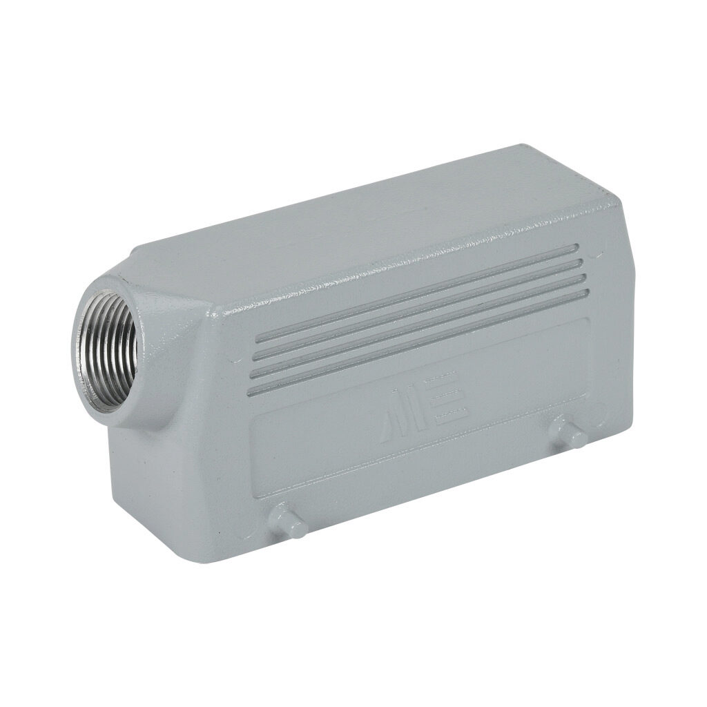 290452905 - METE hood housing, 4-peg, side entry, connector housing size 24B, (1) 3/4 NPT threaded hole, gray, heavy-duty die cast aluminum. For use with METE size 24B double lever connector housings.