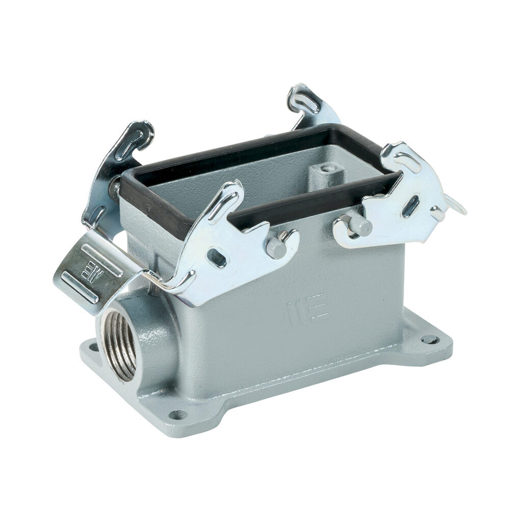 290553005S - METE surface mount housing, double lever, side entry, connector housing size 10B, (2) 1/2 NPT threaded hole, gray, heavy-duty die cast aluminum. For use with METE size 10B 4-peg connector housings.