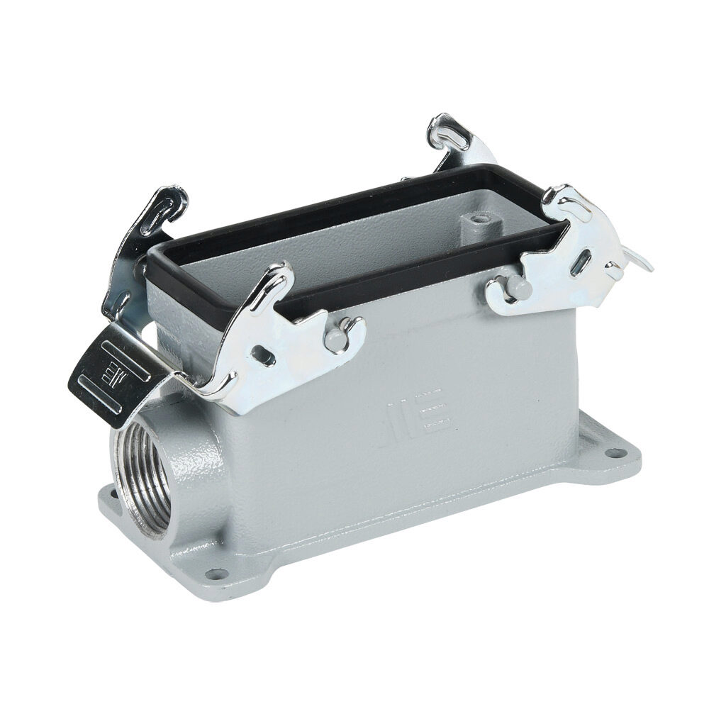 290562905S - METE surface mount housing, double lever, side entry, connector housing size 16B, (1) 3/4 NPT threaded hole, gray, heavy-duty die cast aluminum. For use with METE size 16B 4-peg connector housings.
