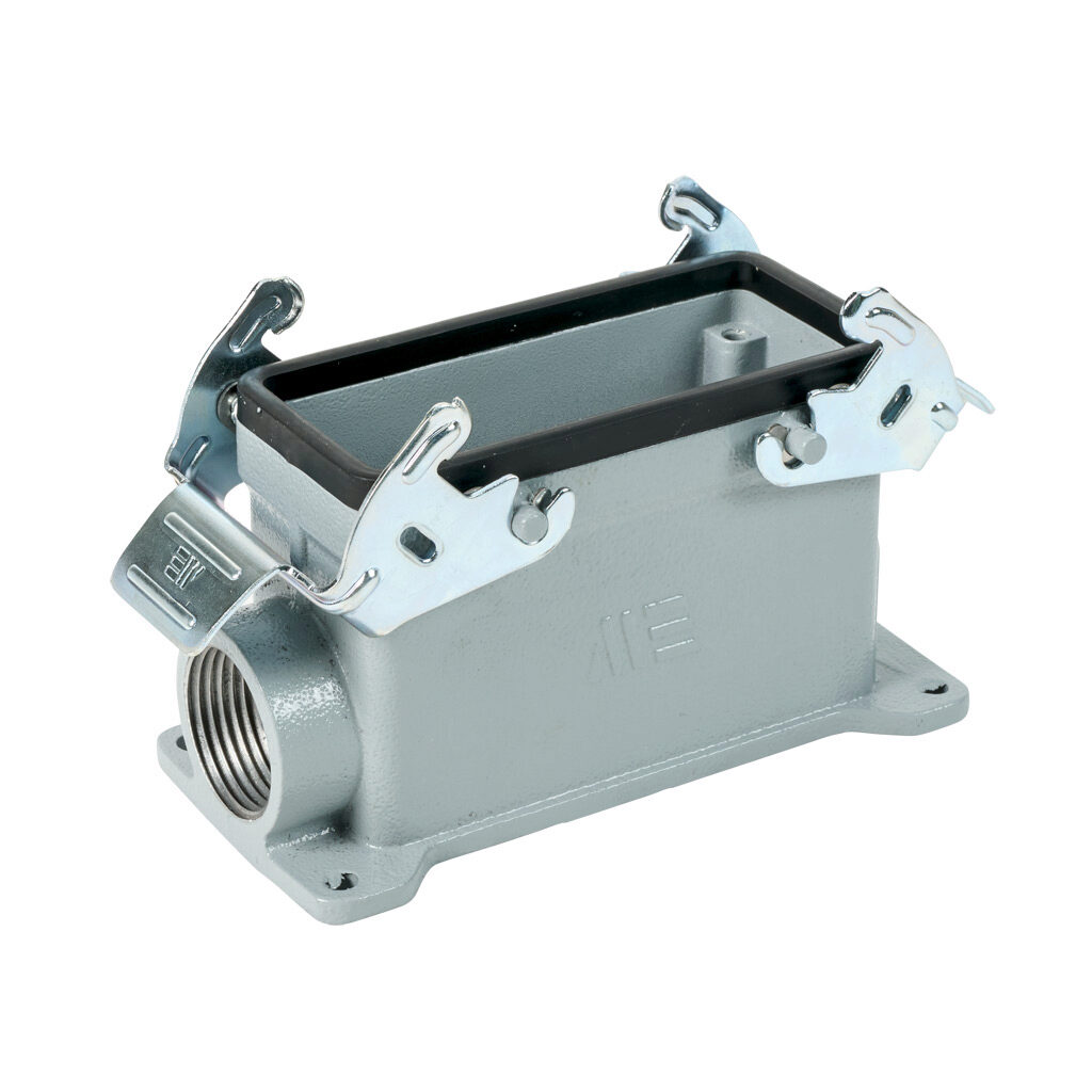 290572905S - METE surface mount housing, double lever, side entry, connector housing size 16B, (2) 3/4 NPT threaded hole, gray, heavy-duty die cast aluminum. For use with METE size 16B 4-peg connector housings.