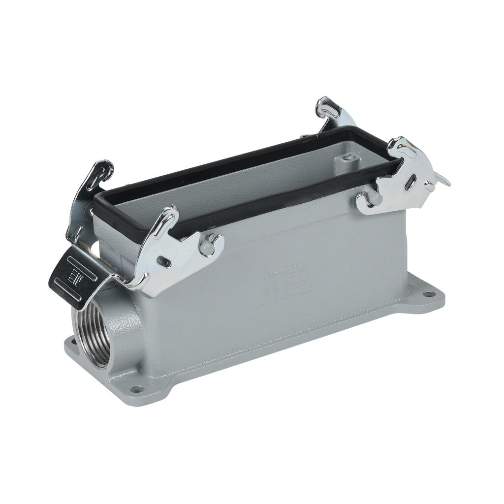 290582905S - METE surface mount housing, double lever, side entry, connector housing size 24B, (1) 3/4 NPT threaded hole, gray, heavy-duty die cast aluminum. For use with METE size 24B 4-peg connector housings.