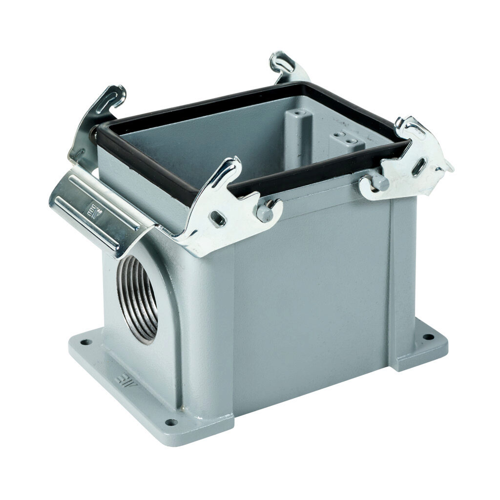 290822805S - METE surface mount housing, double lever, side entry, connector housing size 32B, (2) 1 NPT threaded hole, gray, heavy-duty die cast aluminum. For use with METE size 32B 4-peg connector housings.