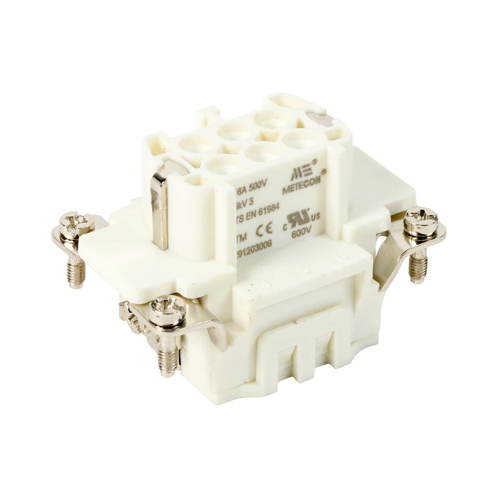 291203006 - METE female insert, connector housing size 6B, 6-pole, crimped contact, 16 amp, 600 VAC/VDC, poles numbered 1 to 6. For use with METE multi-wire housings. Requires 16 amp female contacts METE 14105xxx.