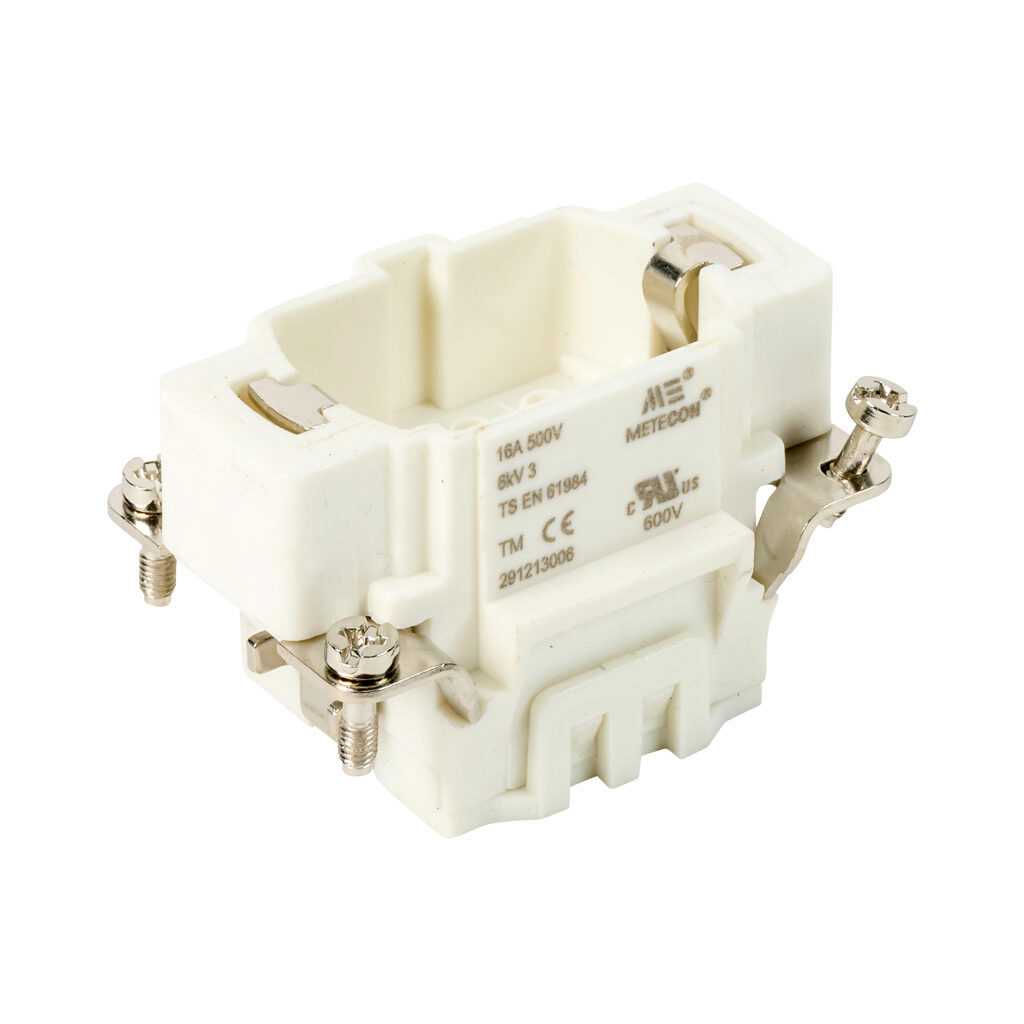 291213006 - METE male insert, connector housing size 6B, 6-pole, crimped contact, 16 amp, 600 VAC/VDC, poles numbered 1 to 6. For use with METE multi-wire housings. Requires 16 amp male contacts METE 14106xxx.