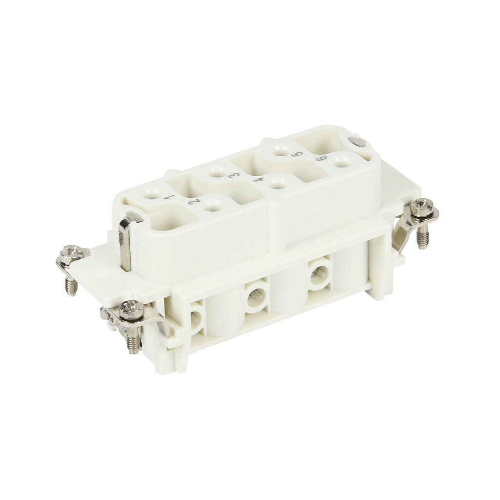 29124 - METE female insert, connector housing size 16B, 6-pole, screw terminals, accepts wire size 10 AWG, 35 amp, 600 VAC/VDC, poles numbered 1 to 6. For use with METE multi-wire housings.