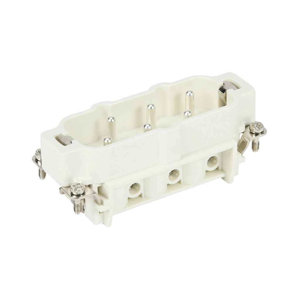 29125 - METE male insert, connector housing size 16B, 6-pole, screw terminals, accepts wire size 11 AWG, 35 amp, 600 VAC/VDC, poles numbered 1 to 6. For use with METE multi-wire housings.