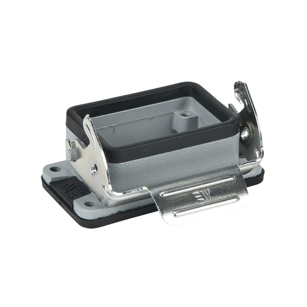 29130S - METE bulkhead housing, single lever, connector housing size 6B, gray, heavy-duty die cast aluminum. For use with METE size 6B 2-peg connector housings.