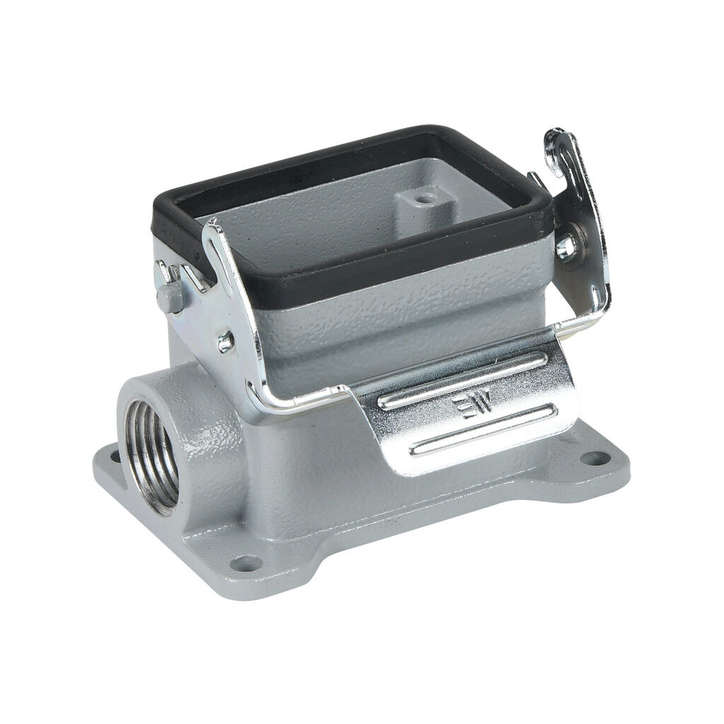 291333005S - METE surface mount housing, single lever, side entry, connector housing size 6B, (1) 1/2 NPT threaded hole, gray, heavy-duty die cast aluminum. For use with METE size 6B 2-peg connector housings.