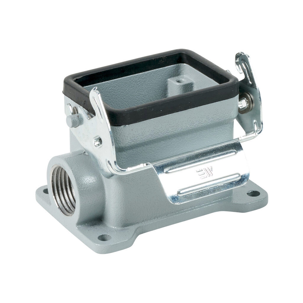 291343005S - METE surface mount housing, single lever, side entry, connector housing size 6B, (2) 1/2 NPT threaded hole, gray, heavy-duty die cast aluminum. For use with METE size 6B 2-peg connector housings.