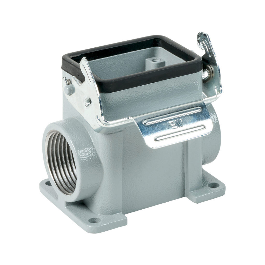 291372805S - METE surface mount housing, single lever, side entry, connector housing size 6B, (2) 1 NPT threaded hole, high construction, gray, heavy-duty die cast aluminum. For use with METE size 6B 2-peg connector housings.