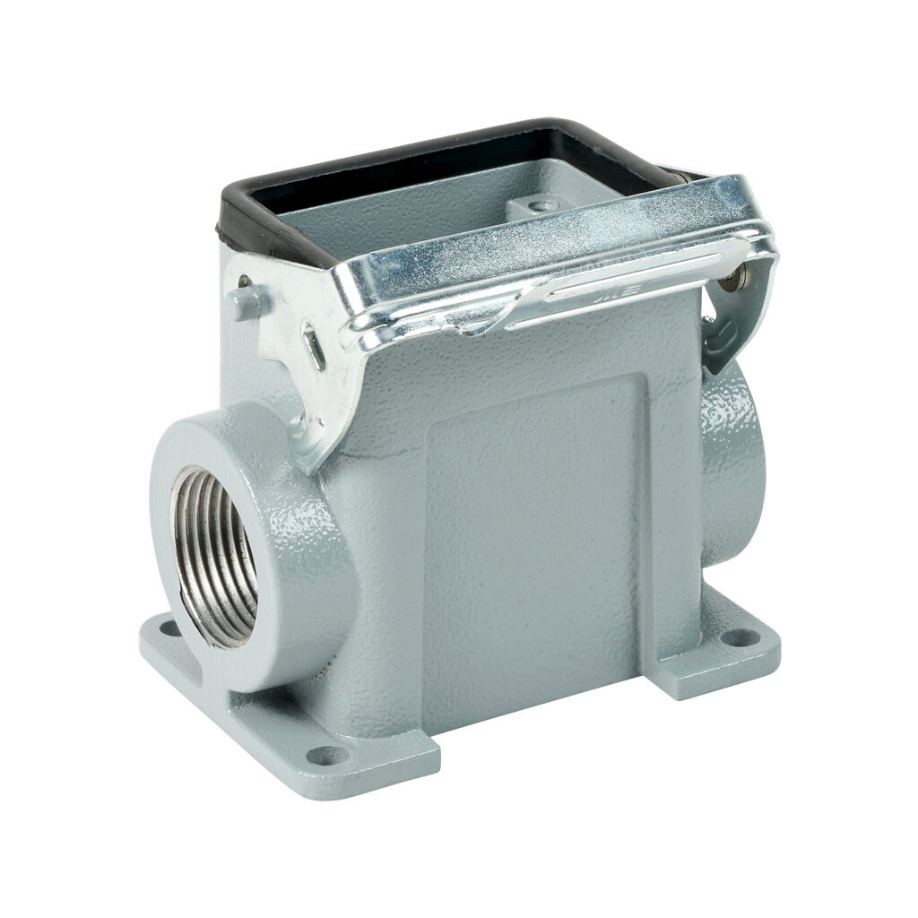 291372905S - METE surface mount housing, single lever, side entry, connector housing size 6B, (2) 3/4 NPT threaded hole, high construction, gray, heavy-duty die cast aluminum. For use with METE size 6B 2-peg connector housings.
