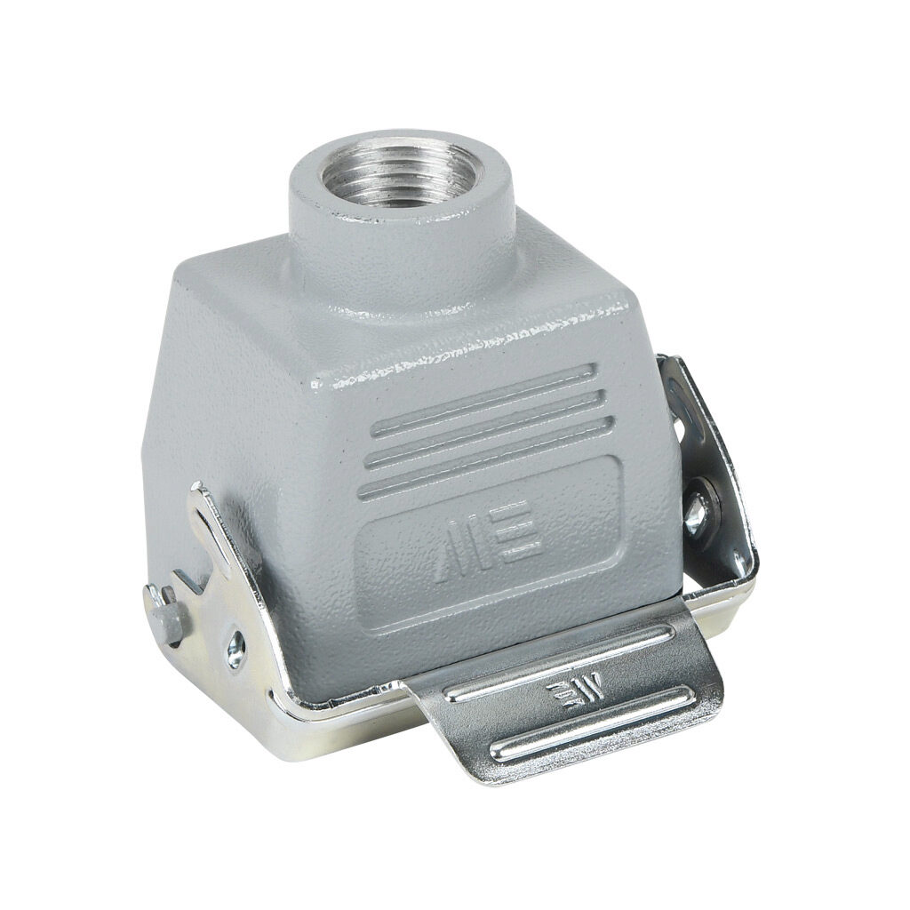 291403005S - METE coupler housing, single lever, top entry, connector housing size 6B, (1) 1/2 NPT threaded hole, gray, heavy-duty die cast aluminum. For use with METE size 6B 2-peg connector housings.