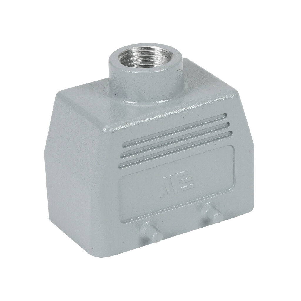 291453005 - METE hood housing, 4-peg, top entry, connector housing size 10B, (1) 1/2 NPT threaded hole, gray, heavy-duty die cast aluminum. For use with METE size 10B double lever connector housings.