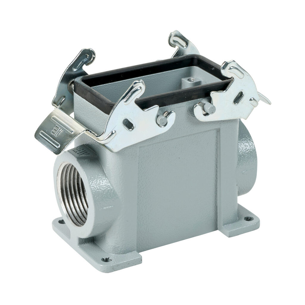 291472805S - METE surface mount housing, double lever, side entry, connector housing size 10B, (2) 1 NPT threaded hole, high construction, gray, heavy-duty die cast aluminum. For use with METE size 10B 4-peg connector housings.