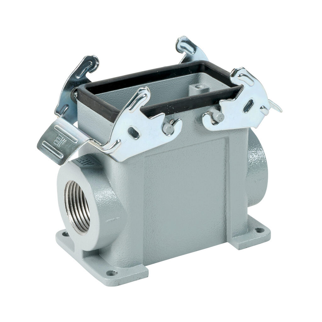 291472905S - METE surface mount housing, double lever, side entry, connector housing size 10B, (2) 3/4 NPT threaded hole, high construction, gray, heavy-duty die cast aluminum. For use with METE size 10B 4-peg connector housings.