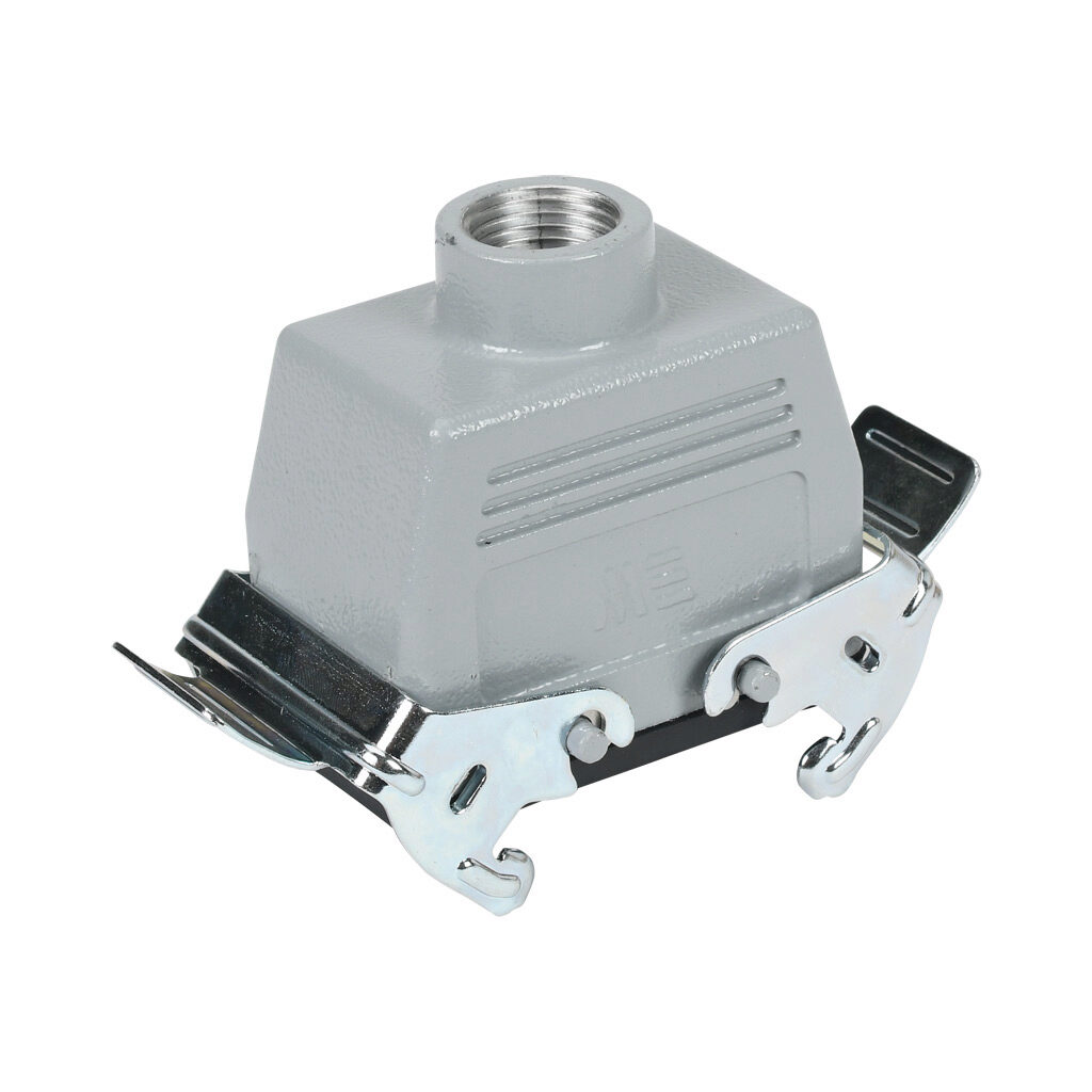 291503005S - METE coupler housing, double lever, top entry, connector housing size 10B, (1) 1/2 NPT threaded hole, gray, heavy-duty die cast aluminum. For use with METE size 10B 4-peg connector housings.