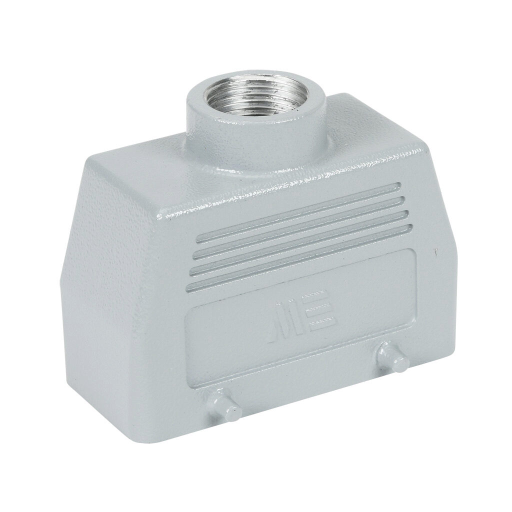 291552905 - METE hood housing, 4-peg, top entry, connector housing size 16B, (1) 3/4 NPT threaded hole, gray, heavy-duty die cast aluminum. For use with METE size 16B double lever connector housings.