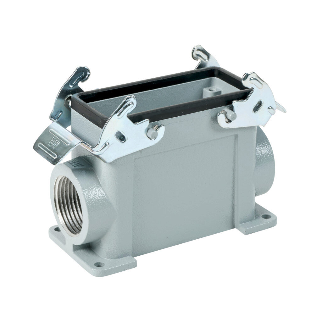 291572805S - METE surface mount housing, double lever, side entry, connector housing size 16B, (2) 1 NPT threaded hole, high construction, gray, heavy-duty die cast aluminum. For use with METE size 16B 4-peg connector housings.