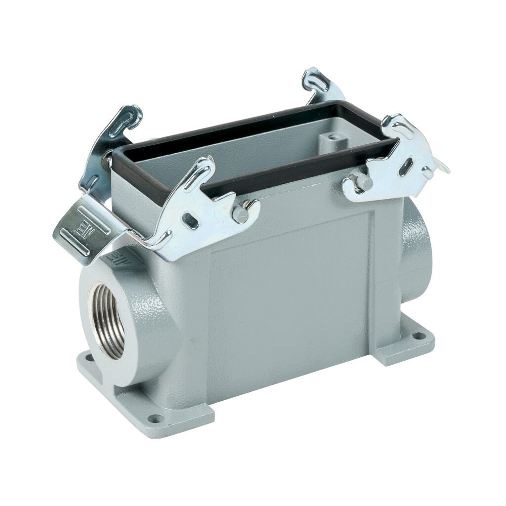 291572905S - METE surface mount housing, double lever, side entry, connector housing size 16B, (2) 3/4 NPT threaded hole, high construction, gray, heavy-duty die cast aluminum. For use with METE size 16B 4-peg connector housings.