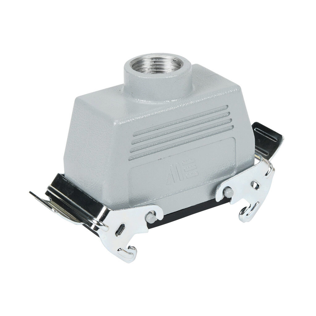 291602905S - METE coupler housing, double lever, top entry, connector housing size 16B, (1) 3/4 NPT threaded hole, gray, heavy-duty die cast aluminum. For use with METE size 16B 4-peg connector housings.