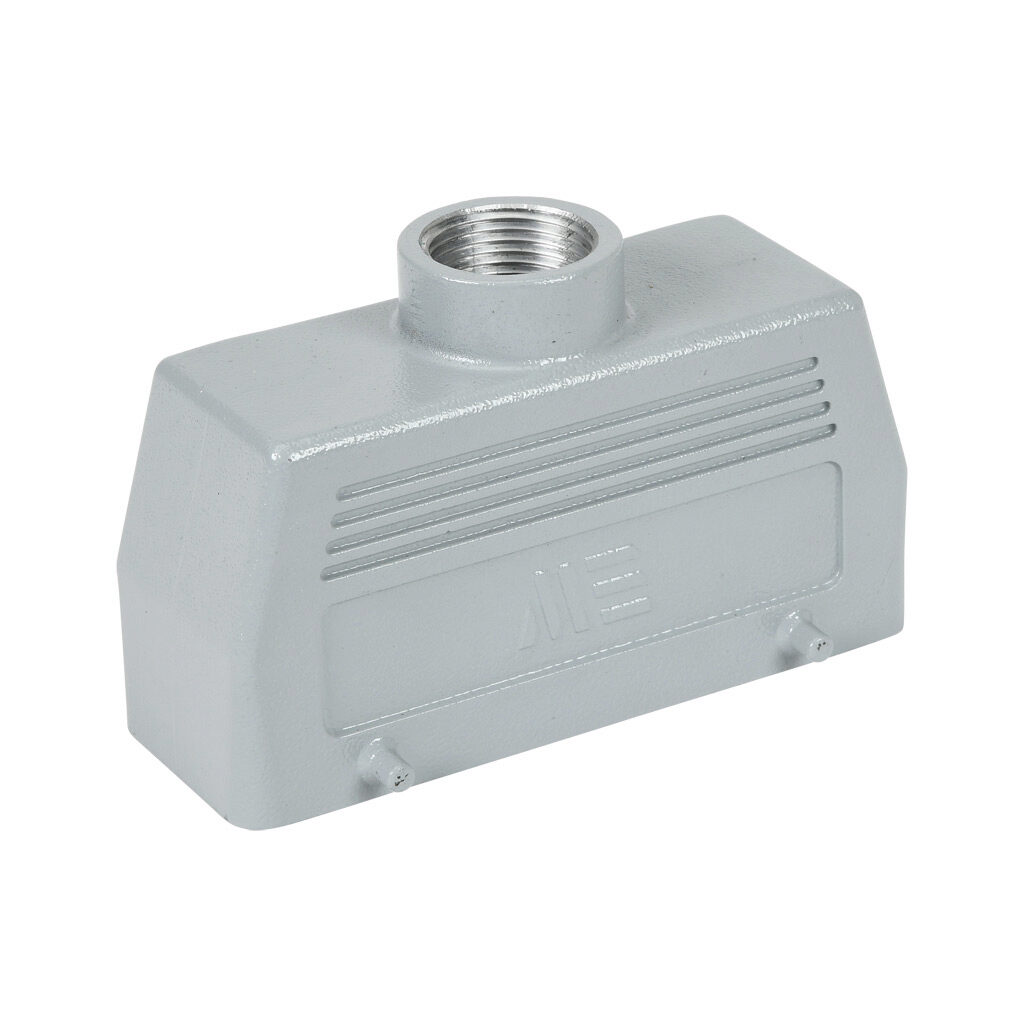291652905 - METE hood housing, 4-peg, top entry, connector housing size 24B, (1) 3/4 NPT threaded hole, gray, heavy-duty die cast aluminum. For use with METE size 24B double lever connector housings.