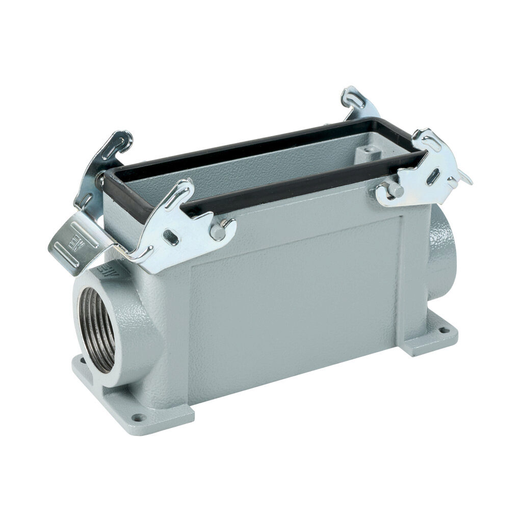 291672805S - METE surface mount housing, double lever, side entry, connector housing size 24B, (2) 1 NPT threaded hole, high construction, gray, heavy-duty die cast aluminum. For use with METE size 24B 4-peg connector housings.