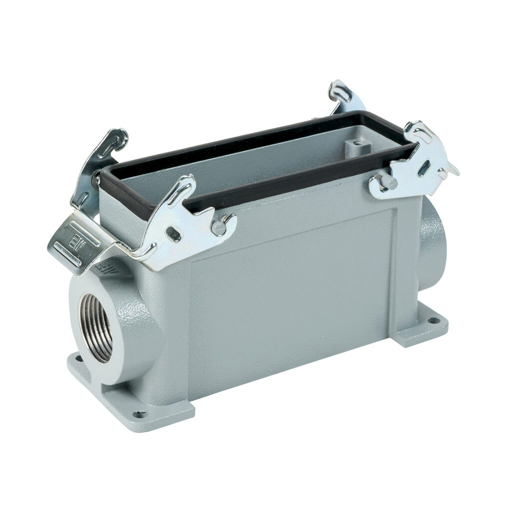 291672905S - METE surface mount housing, double lever, side entry, connector housing size 24B, (2) 3/4 NPT threaded hole, high construction, gray, heavy-duty die cast aluminum. For use with METE size 24B 4-peg connector housings.