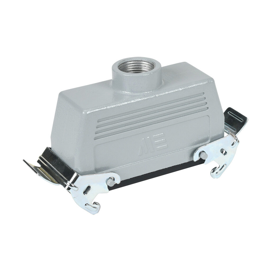 291702905S - METE coupler housing, double lever, top entry, connector housing size 24B, (1) 3/4 NPT threaded hole, gray, heavy-duty die cast aluminum. For use with METE size 24B 4-peg connector housings.