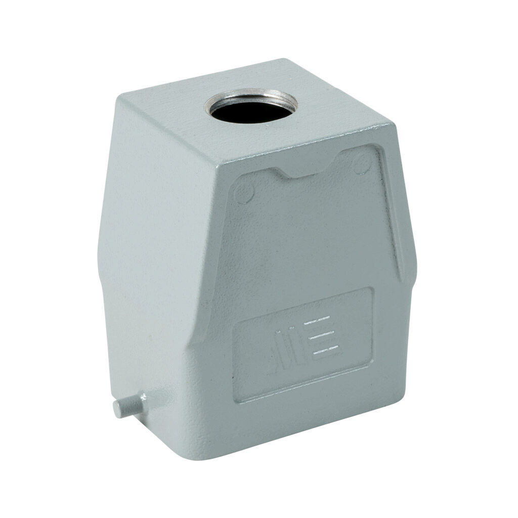 2917203005 - METE hood housing, 2-peg, top entry, connector housing size 6B, (1) 1/2 NPT threaded hole, high construction, gray, heavy-duty die cast aluminum. For use with METE size 6B single lever connector housings.