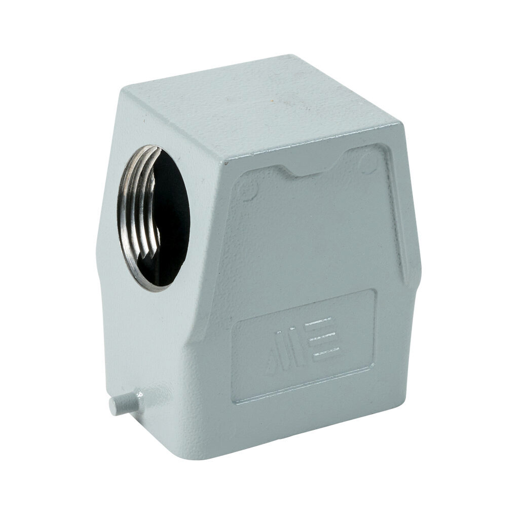 2917222805 - METE hood housing, 2-peg, side entry, connector housing size 6B, (1) 1 NPT threaded hole, high construction, gray, heavy-duty die cast aluminum. For use with METE size 6B single lever connector housings.