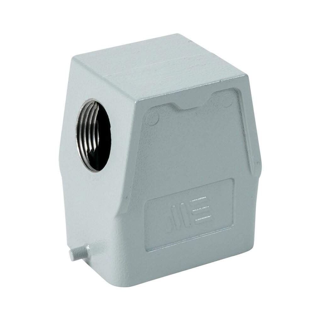 2917222905 - METE hood housing, 2-peg, side entry, connector housing size 6B, (1) 3/4 NPT threaded hole, high construction, gray, heavy-duty die cast aluminum. For use with METE size 6B single lever connector housings.