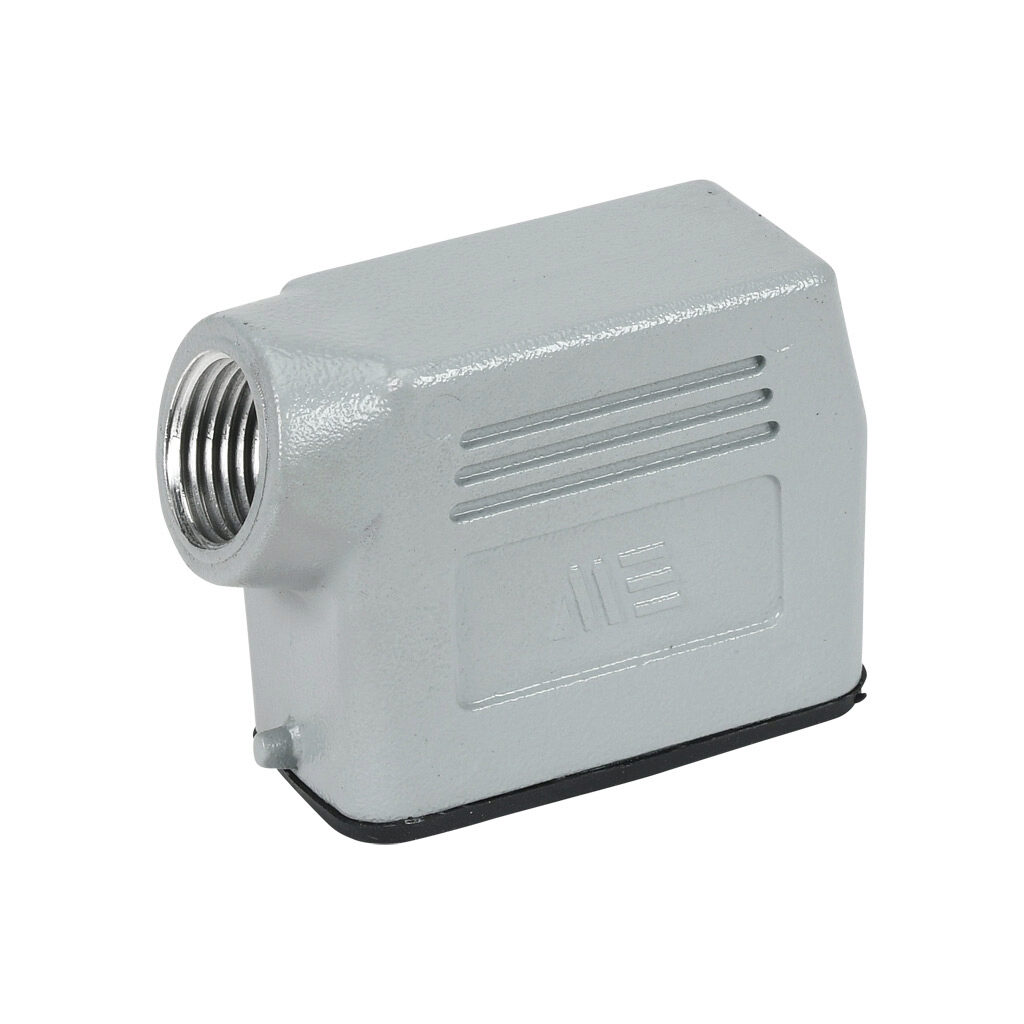 2935323005 - METE hood housing, 2-peg, side entry, connector housing size 10A, (1) 1/2 NPT threaded hole, gray, heavy-duty die cast aluminum. For use with METE size 10A single lever connector housings.