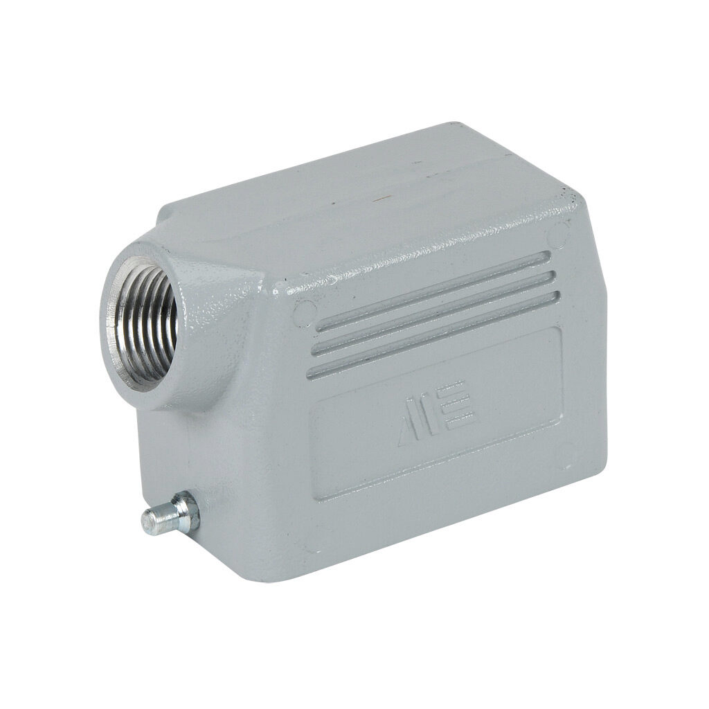 293533005 - METE hood housing, 2-peg, side entry, connector housing size 10B, (1) 1/2 NPT threaded hole, gray, heavy-duty die cast aluminum. For use with METE size 10B single lever connector housings.