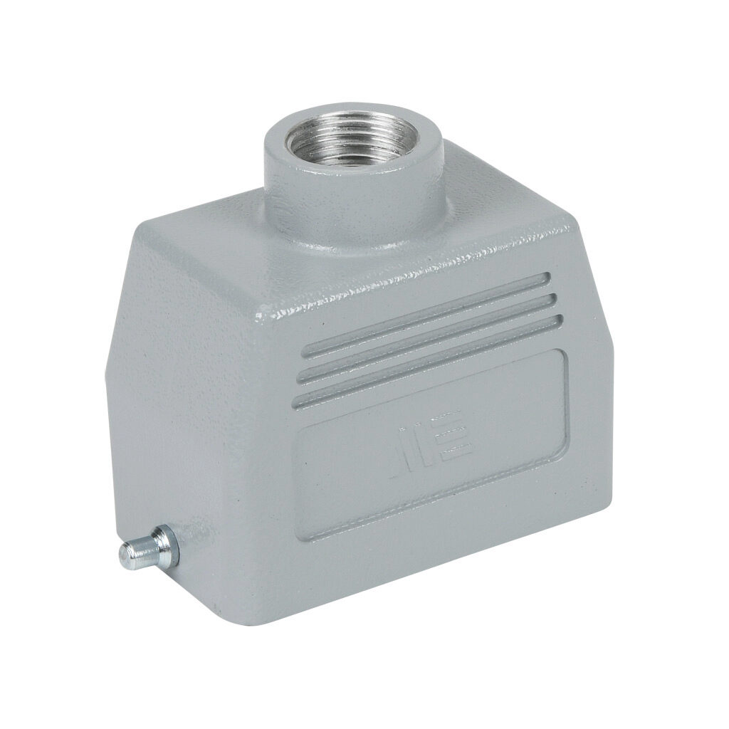 293543005 - METE hood housing, 2-peg, top entry, connector housing size 10B, (1) 1/2 NPT threaded hole, gray, heavy-duty die cast aluminum. For use with METE size 10B single lever connector housings.