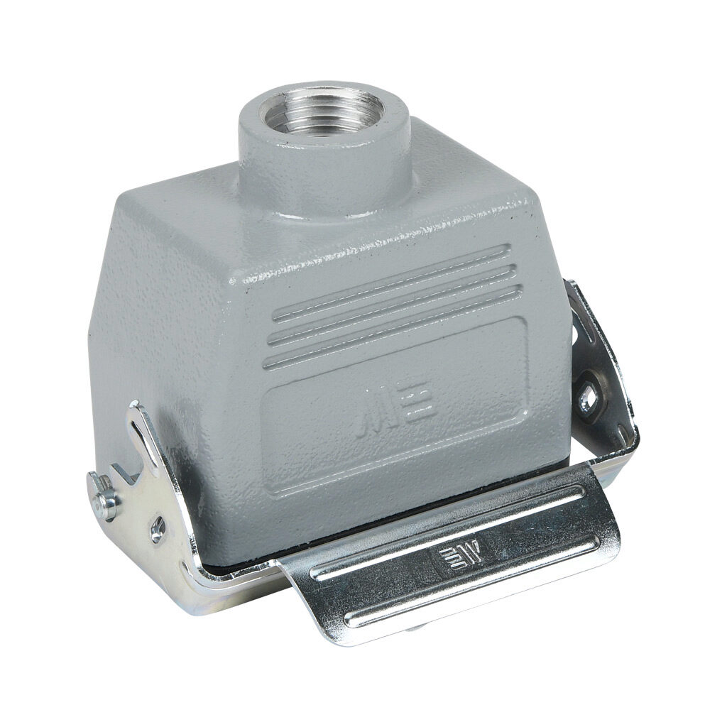 293563005S - METE coupler housing, single lever, top entry, connector housing size 10B, (1) 1/2 NPT threaded hole, gray, heavy-duty die cast aluminum. For use with METE size 10B 2-peg connector housings.