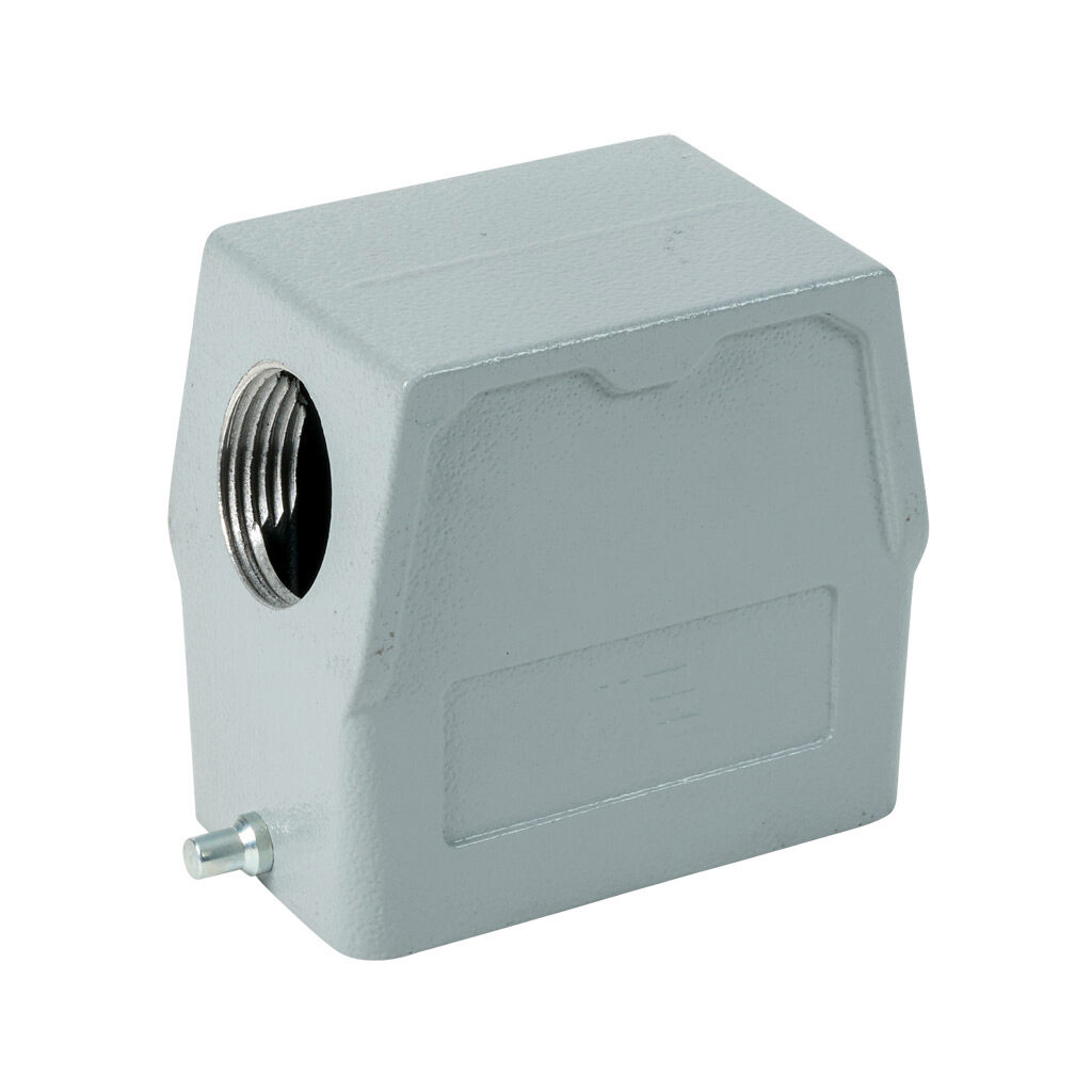 2935722905 - METE hood housing, 2-peg, side entry, connector housing size 10B, (1) 3/4 NPT threaded hole, high construction, gray, heavy-duty die cast aluminum. For use with METE size 10B single lever connector housings.
