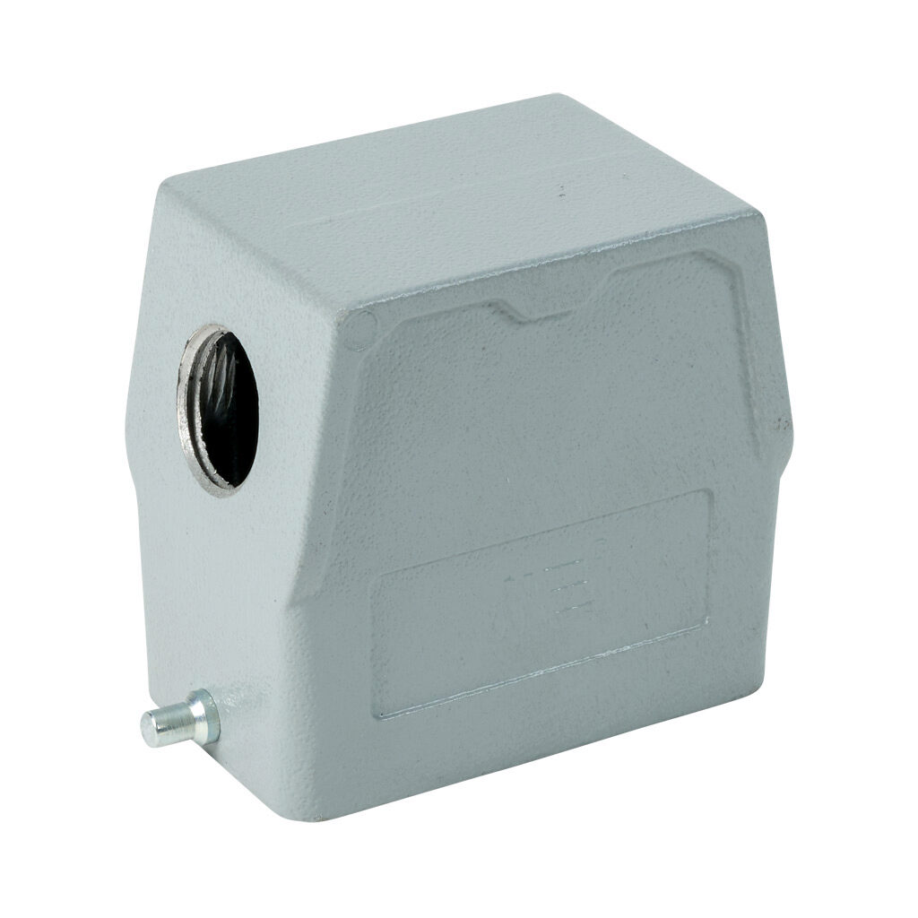 2935723005 - METE hood housing, 2-peg, side entry, connector housing size 10B, (1) 1/2 NPT threaded hole, high construction, gray, heavy-duty die cast aluminum. For use with METE size 10B single lever connector housings.