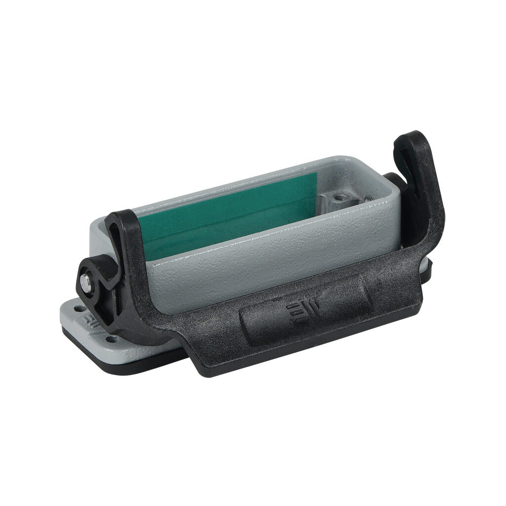 293602 - METE bulkhead housing, single lever, connector housing size 16A, gray, heavy-duty die cast aluminum. For use with METE size 16A 2-peg connector housings.