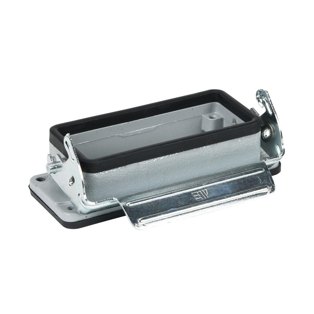 29360S - METE bulkhead housing, single lever, connector housing size 16B, gray, heavy-duty die cast aluminum. For use with METE size 16B 2-peg connector housings.
